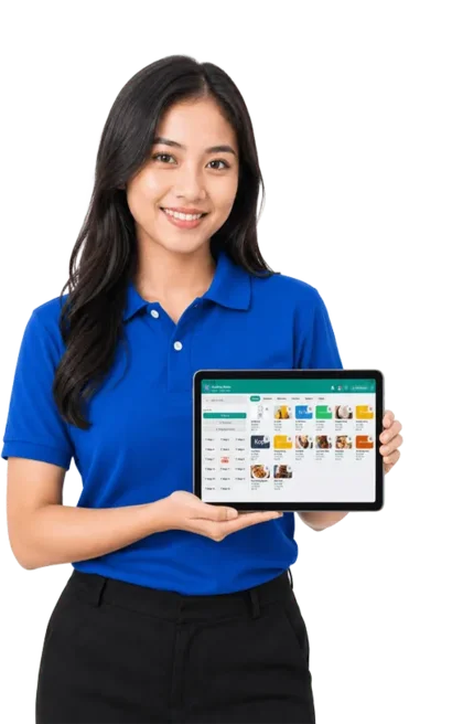 Staf Kasirco menunjukkan aplikasi kasir restoran di tablet